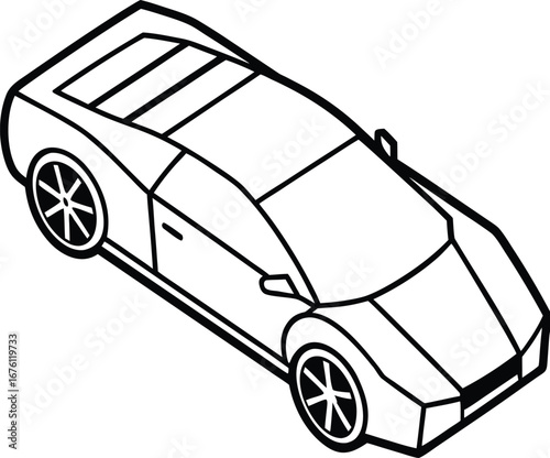 Vector art of isometric line drawing of a sleek sports car, presented from a topdown perspective, isolated on a