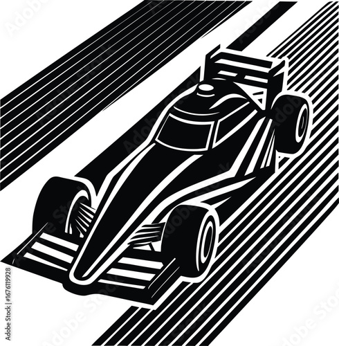 Vector art of a stylized black and white illustration of a formula 1 race car speeding down a track with diagonal lines creating a sense of motion