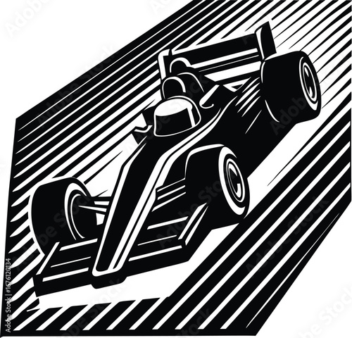 Vector art of a stylized black and white illustration of a formula 1 race car speeding forward with motion lines in the background, conveying speed and dynamism