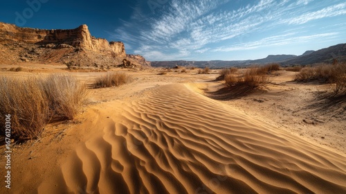 Untouched Sand in Hidden Valley of Desert Landscape under Blue Sky