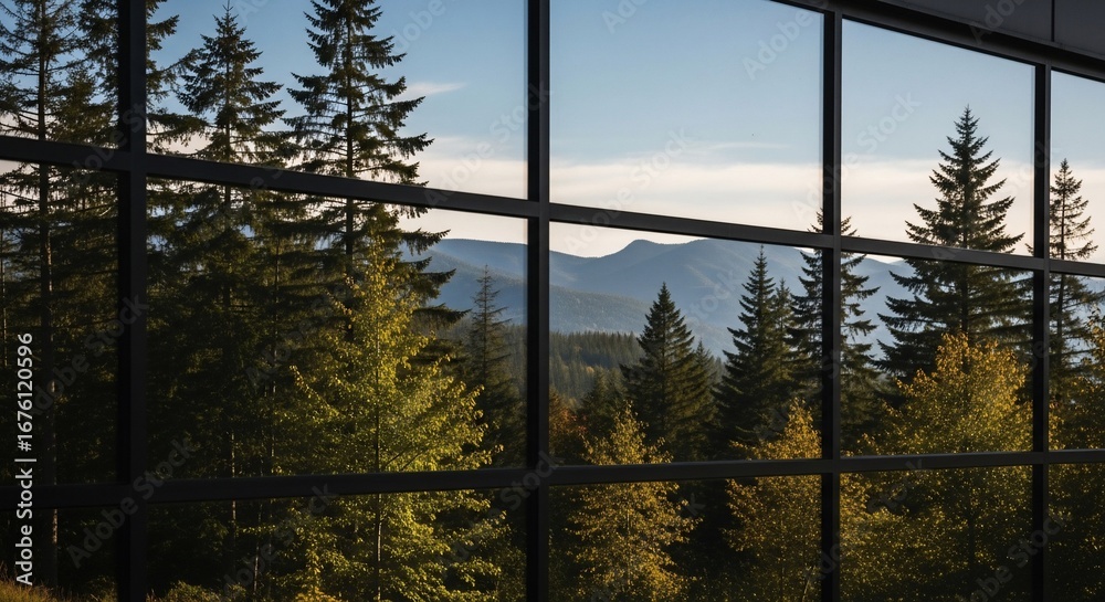 Obraz premium Reflected Forest View Through Paned Windows