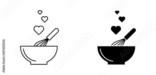 Outline and solid black vector icon of a bowl with a whisk and floating hearts symbolizing passion for cooking