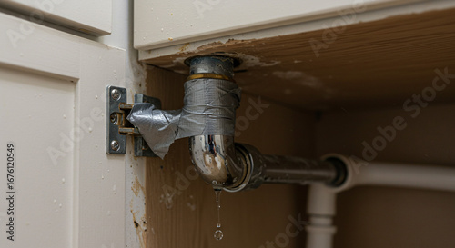 Urgent plumbing leak under kitchen sink with duct tape fix needing immediate professional attention now
