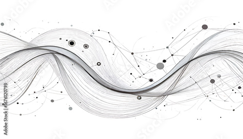 Abstract flowing lines and interconnected dots forming a dynamic wave pattern against a white background