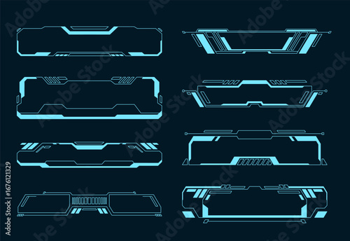 HUD Heads-Up Display design elements collection of futuristic tech containers and frames in a bright blue color on a dark background user interfaces sci-fi modern high-tech aesthetic