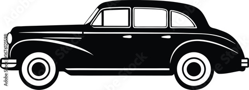 Vector art of classic black sedan car silhouette, vintage automobile design with elegant lines and iconic styling, representing luxury and history