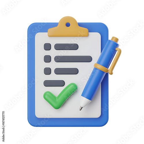 3d checklist clipboard with pen and green checkmark