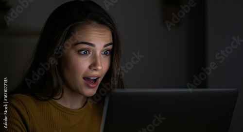Woman surprised by something on her laptop