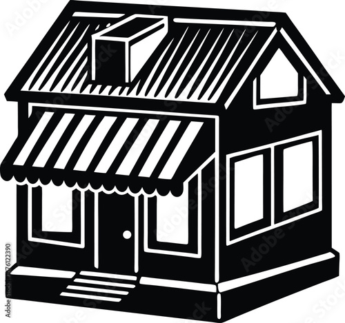 Vector art of black and white illustration of a small building with an awning over the front windows and door