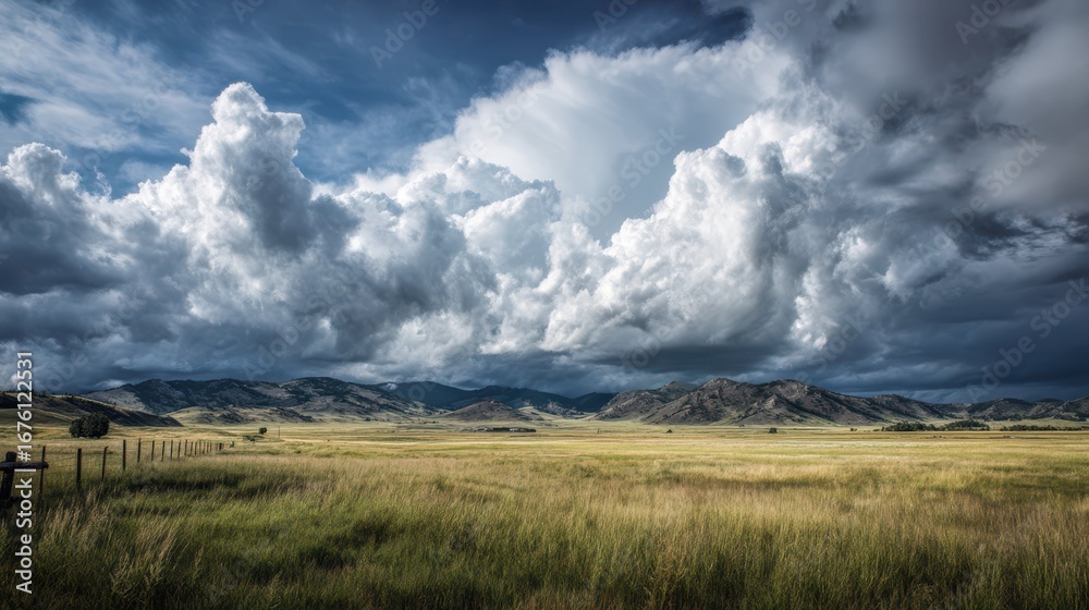 Obraz premium Vast Prairie Landscape Under Dramatic Cloudy Sky with Mountains