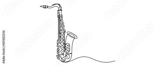 One continuous line drawing of classical saxophone. Wind music instruments concept. Vector black silhouette. with white background