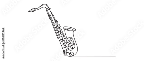 One continuous line drawing of classical saxophone. Wind music instruments concept. Vector black silhouette. with white background