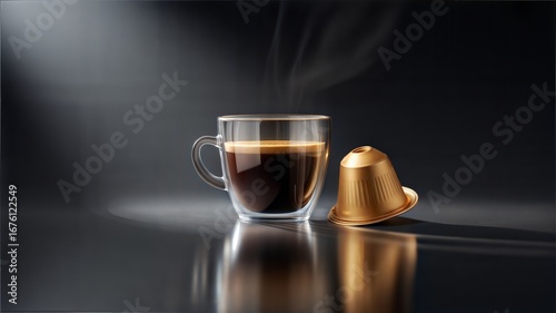 Steaming espresso cup with single golden coffee capsule.