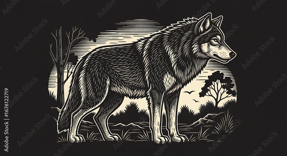 Fototapeta premium Vintage Wolf Illustration in Forest Clearing.