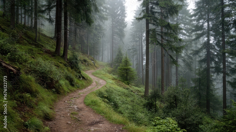 Fototapeta premium Winding Dirt Path Through Foggy Forest Landscape with Trees and Mist