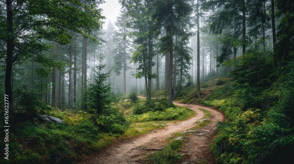 Fototapeta premium Winding Dirt Path Through Foggy Forest Surrounded by Tall Trees