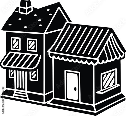 Vector art of two buildings of different sizes and styles, one taller with a chimney and the other a small storefront, black and white illustration