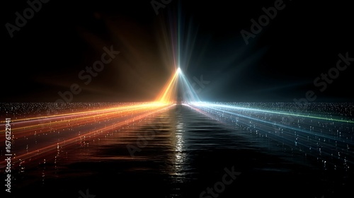 Isolated concept of a digital prism refracting binary light rays into multiple paths representing data decryption or futuristic data splitting visualization