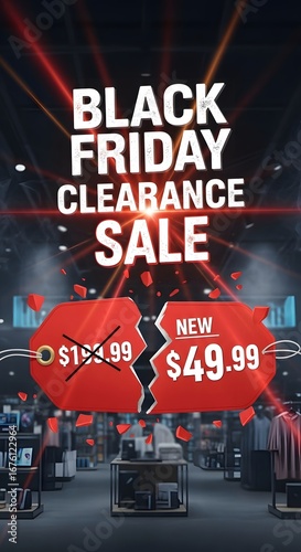 Black friday clearance sale with red price tags in store and red light beams in the background