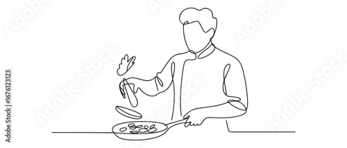Single continuous line drawing of young confident handsome male chef throwing ingredient on pan while sauteing the food. Vector black silhouette. with white background