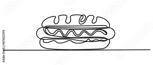 One single line drawing of fresh sandwich logo vector graphic art illustration. Hot dog fast food cafe menu and restaurant badge concept. Vector black silhouette. with white background