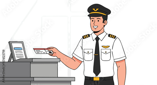 Pilot Presenting Boarding Pass at Airport Counter