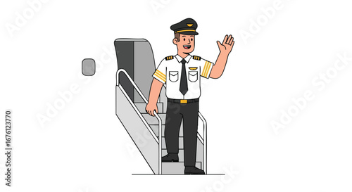 Pilot Waving Goodbye on the Aircraft Stairs