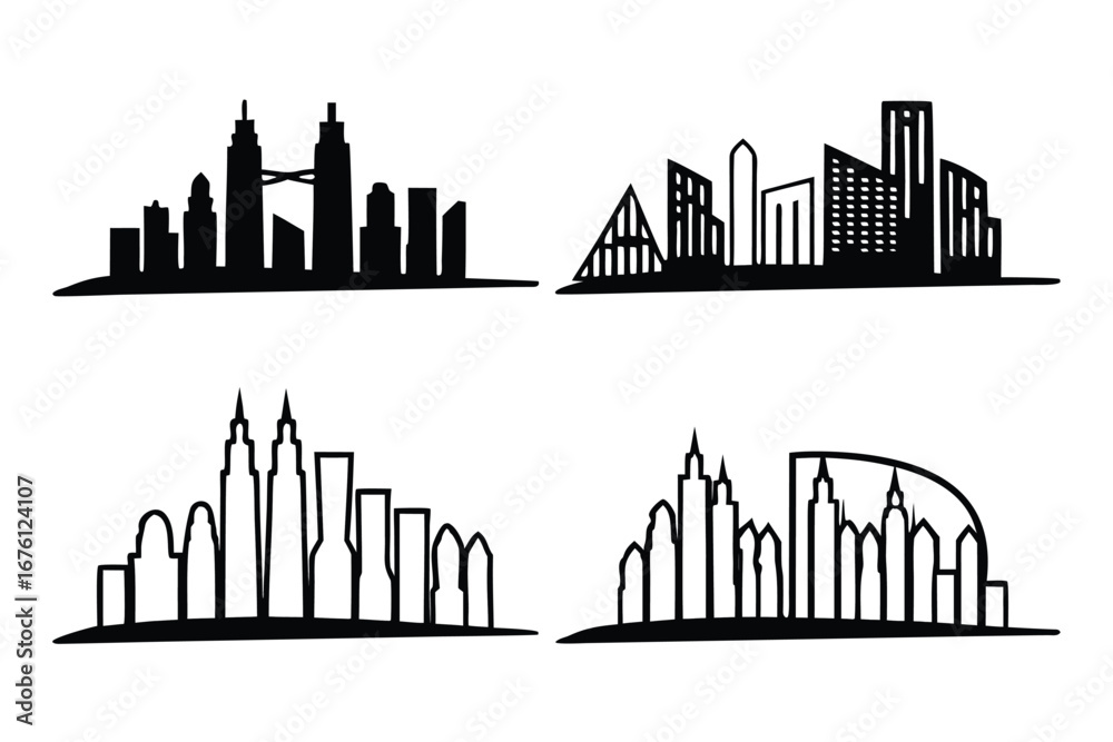 Fototapeta premium Four Distinct Black Silhouette City Skylines with Unique Architectural Styles cityscape urban