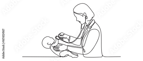 One single line drawing of young female pediatric doctor examining baby health condition and check the heart beat. Vector black silhouette. with white background