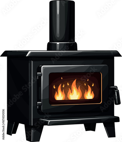 Cozy modern wood stove hearth warm fireplace home heating comfort vector