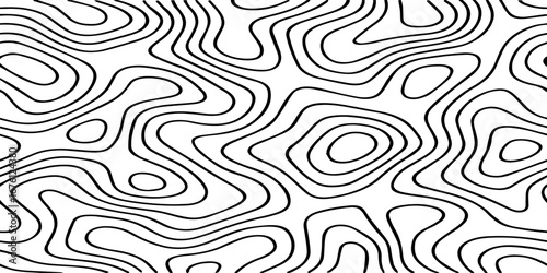 Abstract Black Topographic Contour Lines on a Minimal White Background Creating a Modern Geometric Map-Inspired Pattern.
