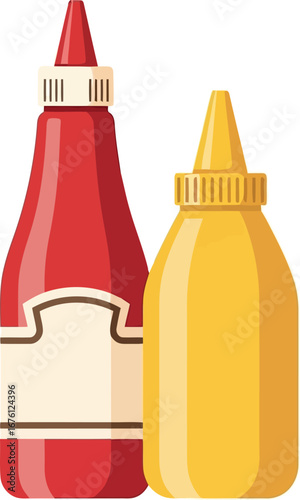 Ketchup and mustard bottles condiment duo fast food classic restaurant american food vector