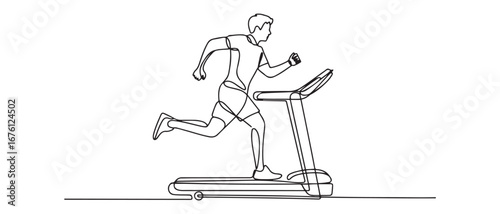 Single continuous line drawing of young sportive man training speed run with treadmill in sport gymnasium club center. Fitness stretching concept. Vector black silhouette. with white background