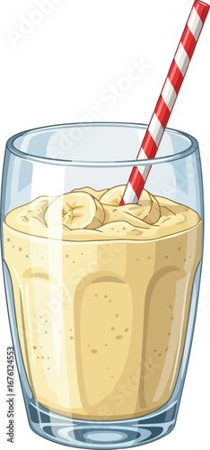 Refreshing banana milkshake with red striped straw in clear glass ideal for summer drinks vector