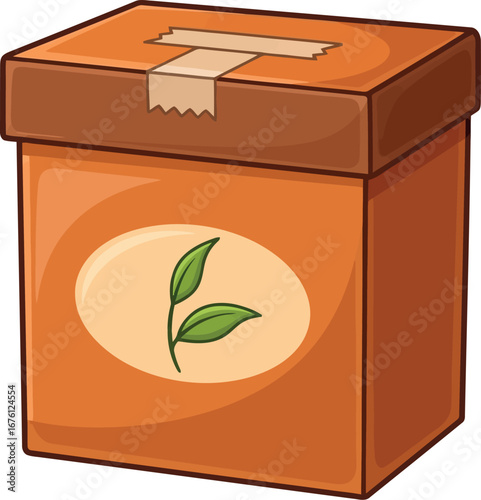 Hand-drawn carton box with tea leaves emblem for packaging and delivery vector