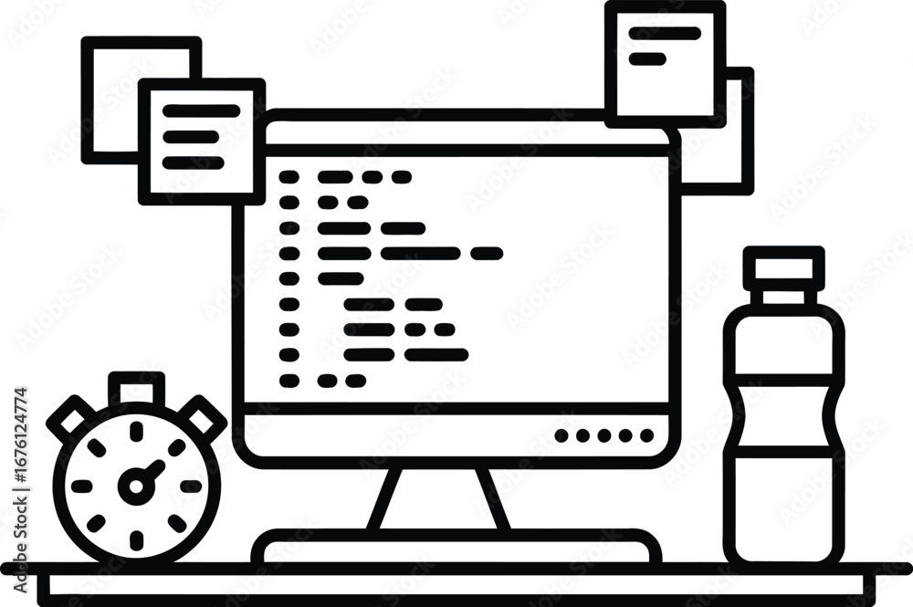 Freelance programmer working from home with computer and timer