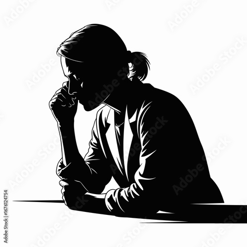 Silhouette of a person in deep thought with hand on chin