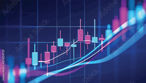 Glowing digital forex trading candlestick chart graphic showing an upward trend for business and finance concepts. Vector background
