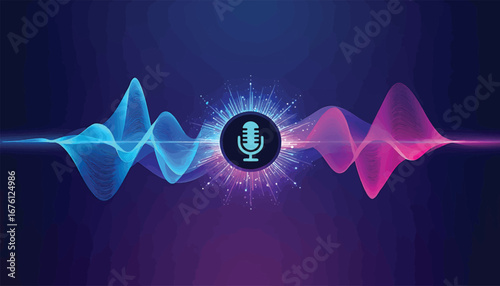 Dynamic Audio Wave Visualization with Microphone Icon Representing Voice Recognition Technology and Digital Sound Processing