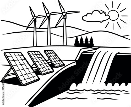 Sustainable Energy Symphony: A graphic depicts a harmonious convergence of renewable energy sources—wind turbines, solar panels, and hydroelectric power—under a radiant sun and fluffy cloud