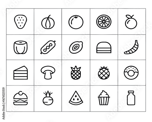 Collection of food icon set featuring strawberry peach orange plum sushi sausage avocado burger banana cake mushroom pineapple donut and other delicious items