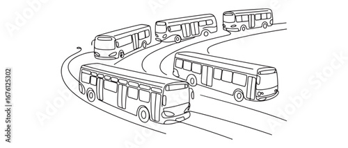Single continuous line drawing city buses serving commuter employees and school students depart from their homes to their respective destinations. Vector black silhouette. with white background