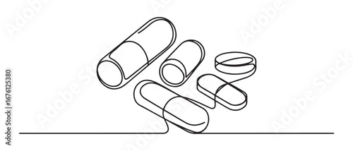 Single one line drawing set of pills and capsules isometric icon. painkillers, antibiotics, vitamins and aspirin. Vector black silhouette. with white background