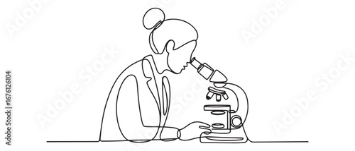 One continuous line drawing of female scientist researching antibiotic formula using microscope to find covid vaccine. Vector black silhouette. with white background