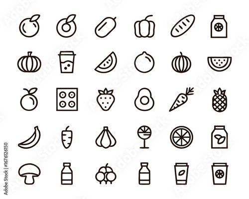 Variety of food and drink outline icons depicting a healthy lifestyle and balanced diet choices for cooking and consumption