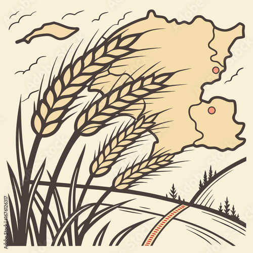 Golden ears of wheat vector illustration, a natural pattern of leaves and stems for a summer field design