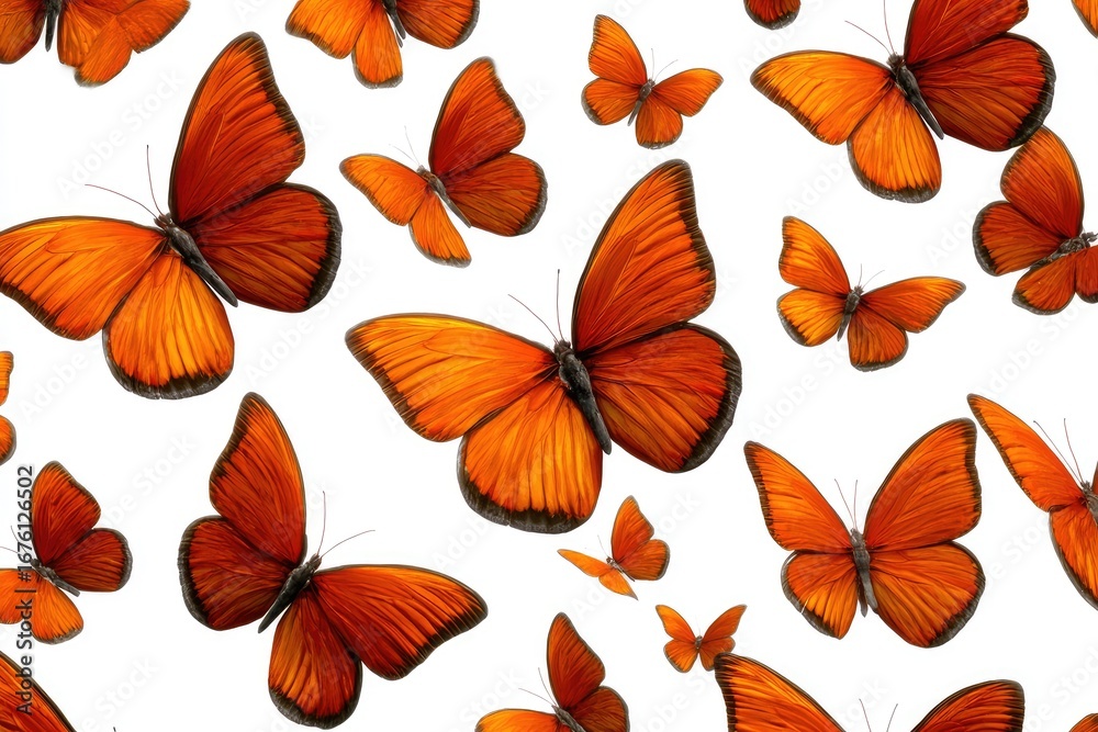 Obraz premium Many orange butterflies fly against white