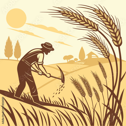 A woman standing as a silhouette in a wheat field against the setting sun and a tropical sky