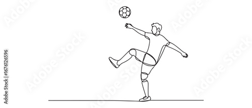 One continuous line drawing of young sporty man soccer freestyler player practice to juggle ball with heel in the street. Football freestyle sport concept.