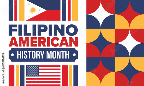 Filipino American History Month. Happy holiday celebrate annual in October. Filipinos and United States flag. Culture month. Patriotic design. Poster, card, banner, template. Vector illustration